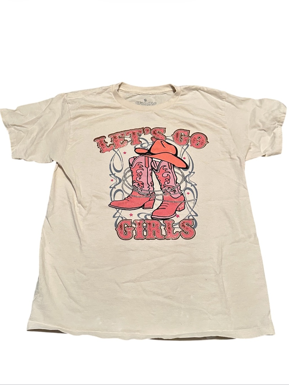 Let’s Go Girls Cream Graphic Tee with Pink Cowboy Design